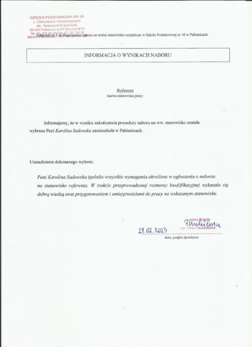 Informacja o wyniku naboru